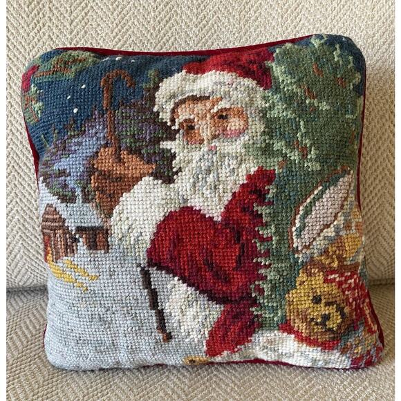 Vintage‎ Needlepoint Small Christmas Pillow Santa Teddy Bear Toy Drum Red Velvet - Picture 1 of 6
